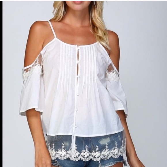 Mystic Prysm Tops - Sexy white cold shoulder lace trimmed top
